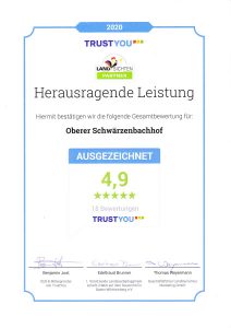 TrustYou Auszeichnung für den Oberen Schwärzenbachhof durch hervorragende Gästebewertungen